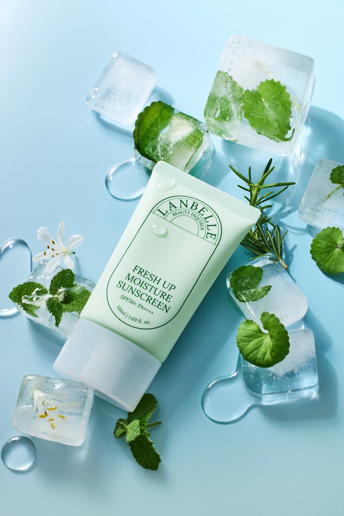 LANBELLE Fresh Up Moisture Sunscreen 50ml: ice and herbs flatlay